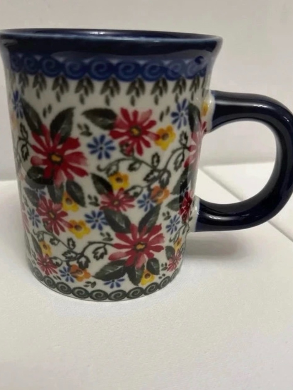 Hand-Painted Floral sister Wu Ceramic Mug with Navy Accents